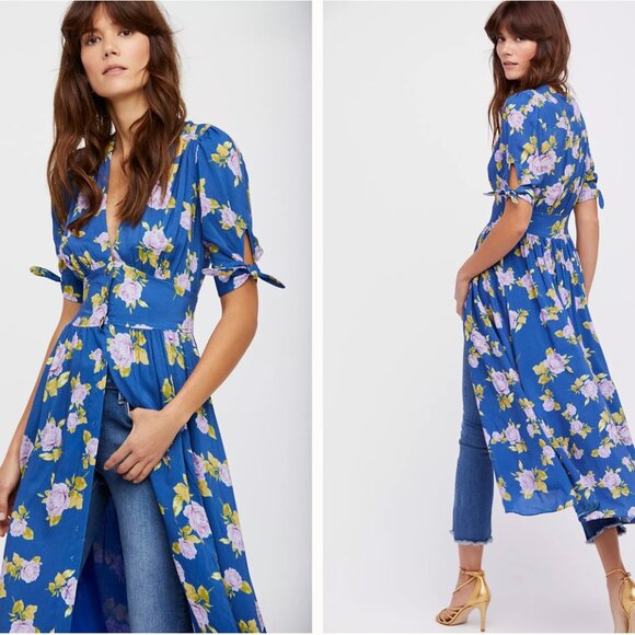Free People Printed Love of My Life Midi Dress Floral Blue XS Button Front Midi - Picture 2 of 16